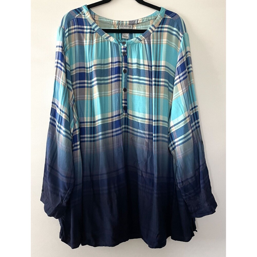Catherines Plaid Tunic Blouse Roll Tab Long Sleeve Blue Rayon Size 3X-dmpv